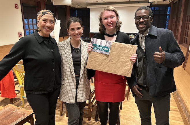 Left to right: Lorene Cary, Carson Eckhard, Sheno Prize winner Olivia Loudon and Matthew Palmer at the Kelly Writers' House.