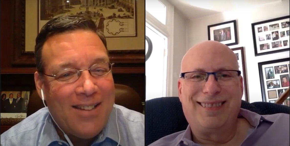 Philadelphia grocery Jeff Brown speaks with The Philadelphia Citizen co-founder on a split screen during a virtual town hall