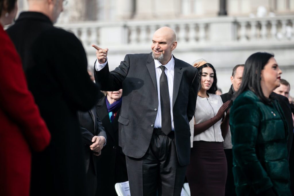 Pennsylvania Lieutenant Governor John Fetterman points to someone in the crowd