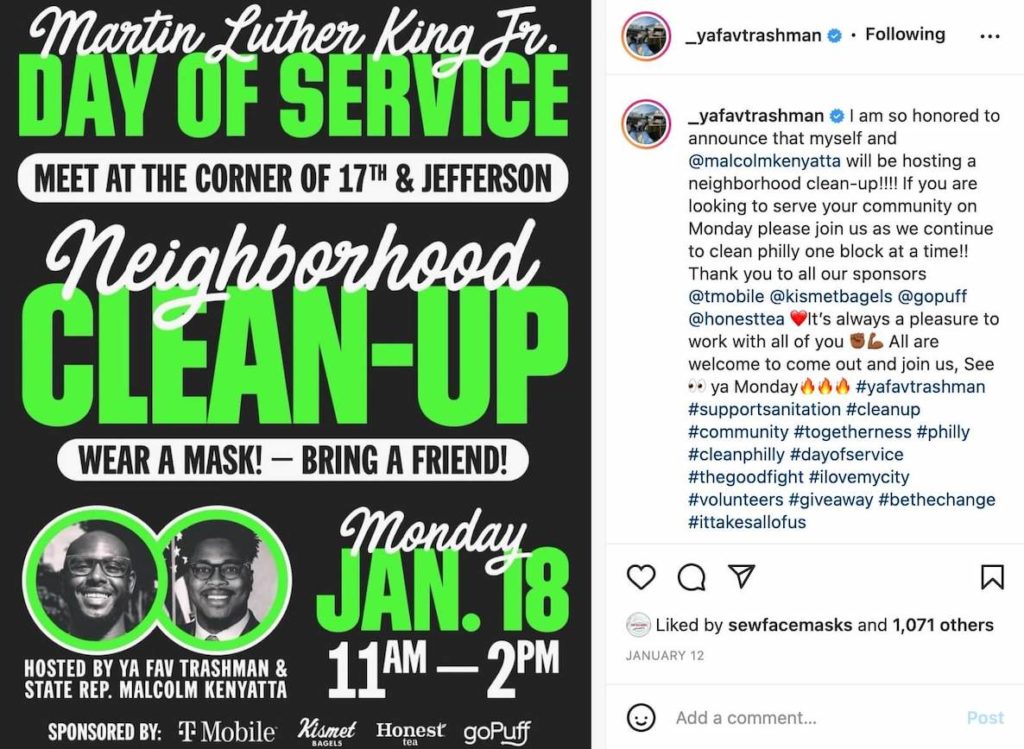 This photo of an Instagram post illustrates a timeline that shows the rise of Ya Fav Trashman in Philadelphia