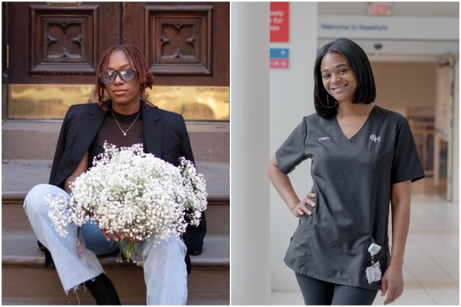 Side-by-side portraits of two Black women. On the left, Theresa Byrd sits on steps in front of ornate wooden doors, holding a bouquet of baby's breath, wearing jeans, a black blazer, brown t-shirt and sunglasses. To the right, Jennifer Boisseau stands in a hospital hallway wearing grey CHOP scrubs and smiling.
