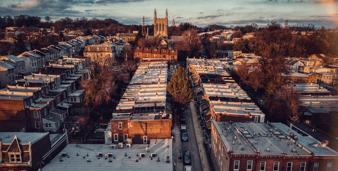 The day settles over a neighborhood in Philadelphia.