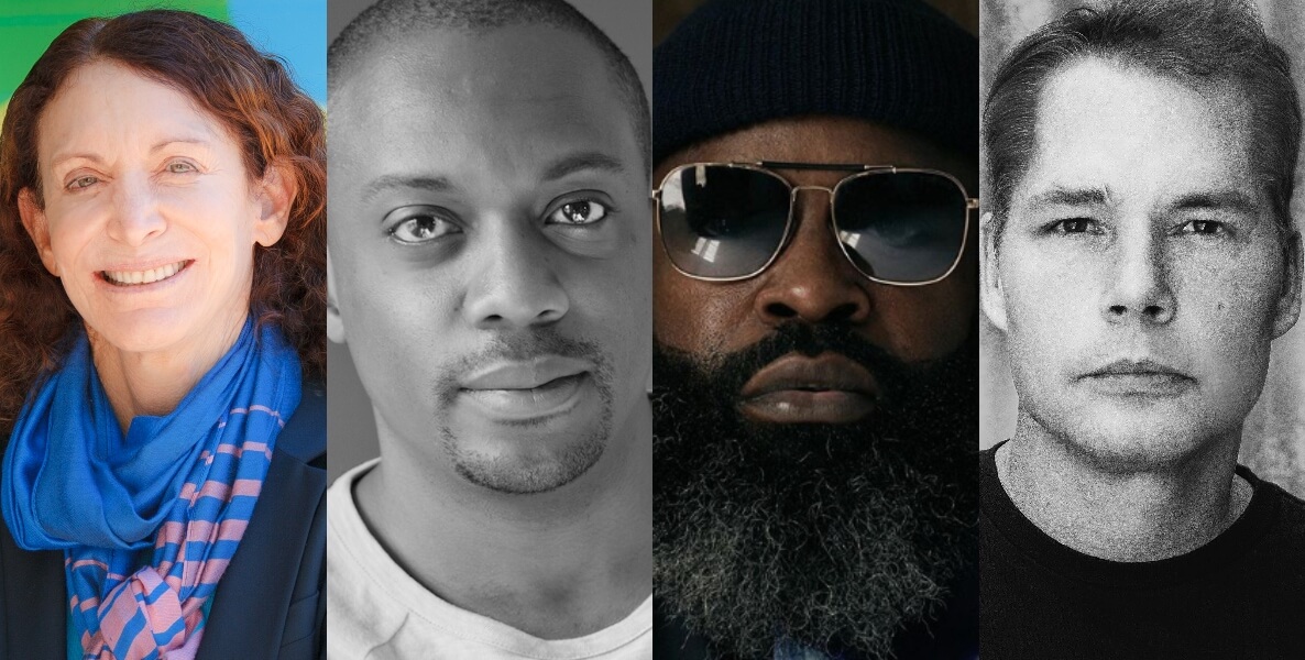 From left to right, this collage shows Mural Arts Philadelphia's Jane Golden, artist Hank Willis Thomas, hip-hop star Black Thought and artist Shepard Fairey