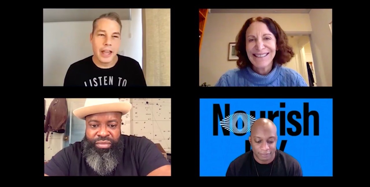 This collage shows Mural Arts Philadelphia's Jane Golden, artist Hank Willis Thomas, hip-hop star Black Thought and artist Shepard Fairey