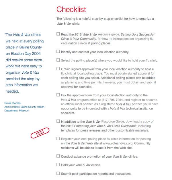 Vote and Vax produced a short guide to organizing a successful clinic, and this checklist gives an idea of what goes into it: