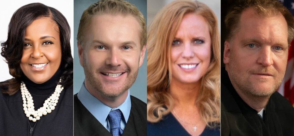 This photo of Judge of the Commonwealth Court of Pennsylvania candidates Lori A Dumas, David Lee Spurgeon, Stacy Marie Wallace and Drew Crompton accompanies a voter guide to the 2021 General Election in Philadelphia and Pennsylvania