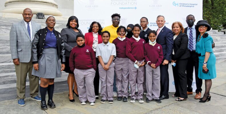 Dwight Evans, Isaiah Thomas, Katherine Gilmore Richardson and students at Girard College