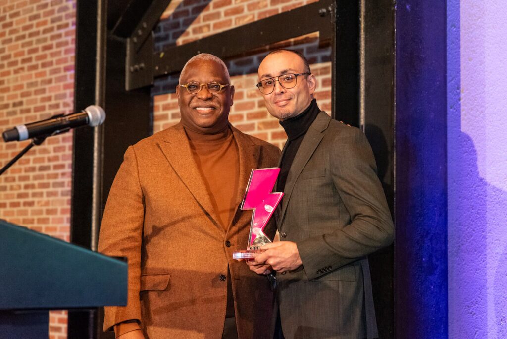 Osagie Imasogie (left) of Penn Carey Law School and A. Leon Higgonbotham Jr. Social Justice Champion Saleem Holbrook of the Abolitionist Law Center and Penn Law School.