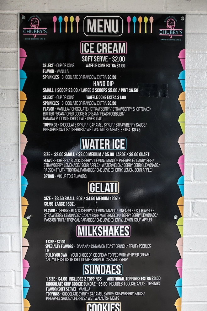 A menu from Chubby's Fantastic Flavors lists all kinds of ice cream, soft serve, water ice, gelati, milkshakes and sundaes.