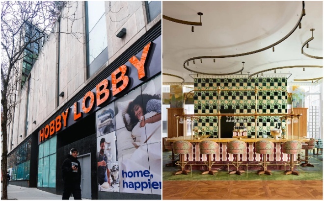 Exterior of Hobby Lobby alongside interior of a ritzy bar at Printemps in New York.