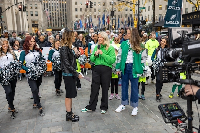 The Eagles cheerleaders at Radio City Plaza with Today show host Savannah Guthrie (left), Ryan Hammond and Kylie Kelce.