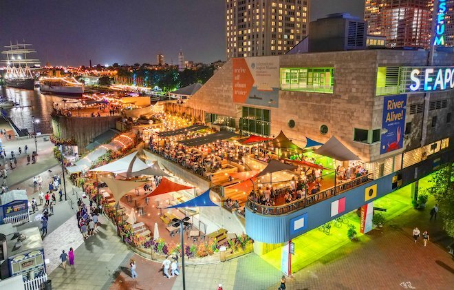 Liberty Point, the outdoor bar outside the Seaport Museum.