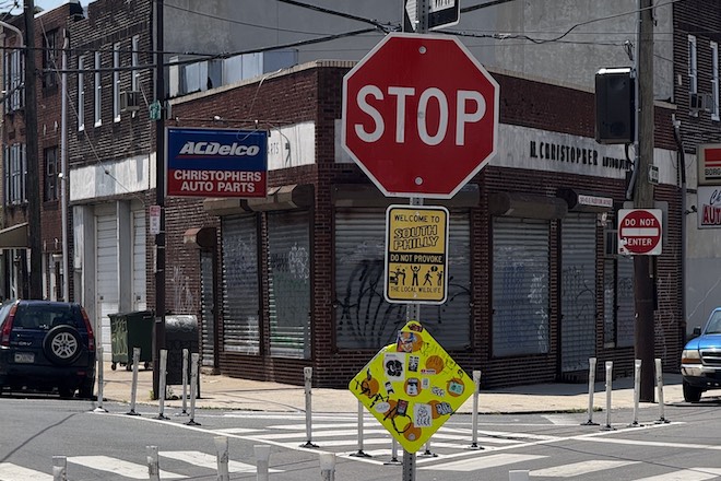 A faux traffic sign says "Welcome to South Philly."