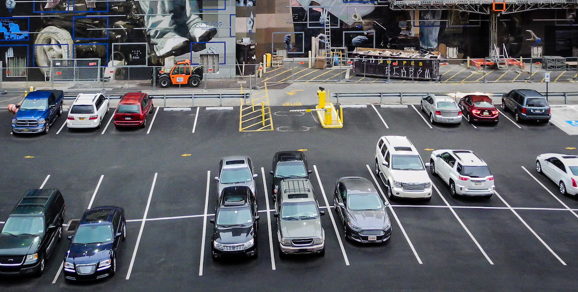 Cars line up in a parking lot in Center City Philadelphia