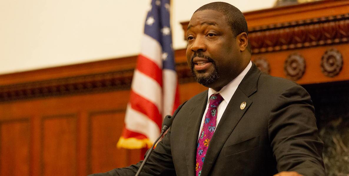 Philadelphia City Councilmember Kenyatta Johnson speaks in the chamber at City Hall.