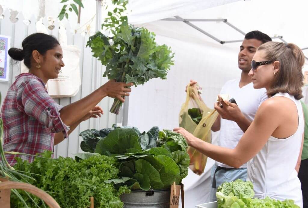 A woman at a farmers market hands over a big bunch of kale to customers. 