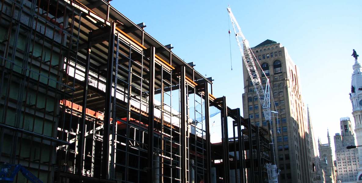 A crane rises over a construction project in Center City Philadelphia, where there is projected to be many more office construction jobs coming soon.