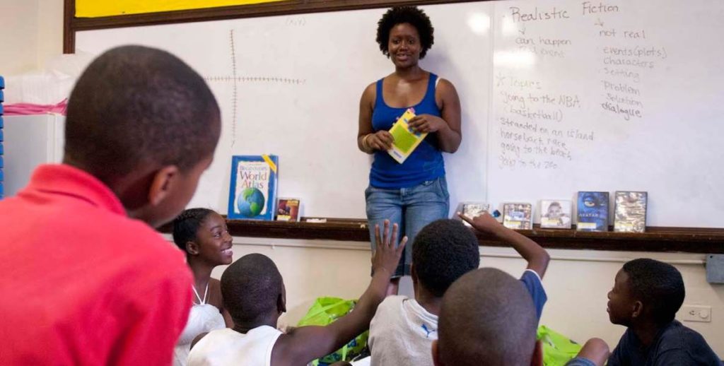 A teacher stands in front of a classroom in Philadelphia.