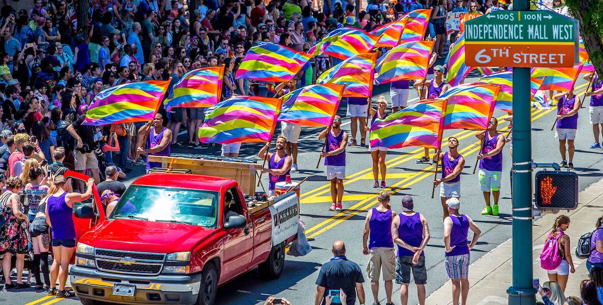 A rainbow-clad scene from a Philadelphia Pride parade