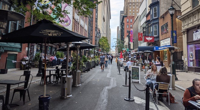 S. 13th Street in Midtown Village, when it was closed to vehicles and turned into streeteries and pedestrian-only thoroughfare. Photo by By Katrina Johnston-Zimmerman