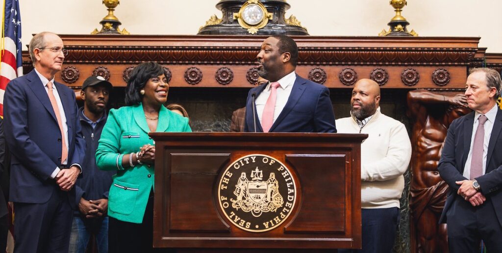 Comcast Chair and CEO Brian Roberts, Philadelphia Mayor Cherelle Parker, City Council President Kenyatta Johnson, Philadelphia Building and Construction Trades Council Business Manager Ryan Boyer, Sixers owner Josh Harris at the January 13, 2025 press conference in City Hall.