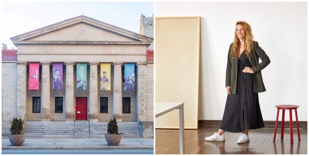 Left: The Greek Revival Broad Street exterior of University of the Arts, aka UArts. Right: Lindsey Scannapieco of Scout.