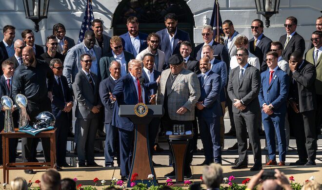 Trump invites Eagles security celeb Domenico "Big Dom" DiSandro to the podium.