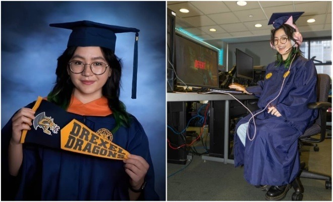 Claire Toomey, a 20-something student with dark shoulder length hair and glasses, dressed in her Drexel cap and gown, in side-by-side portraits, one holding a Drexel banner; another sitting at a computer.