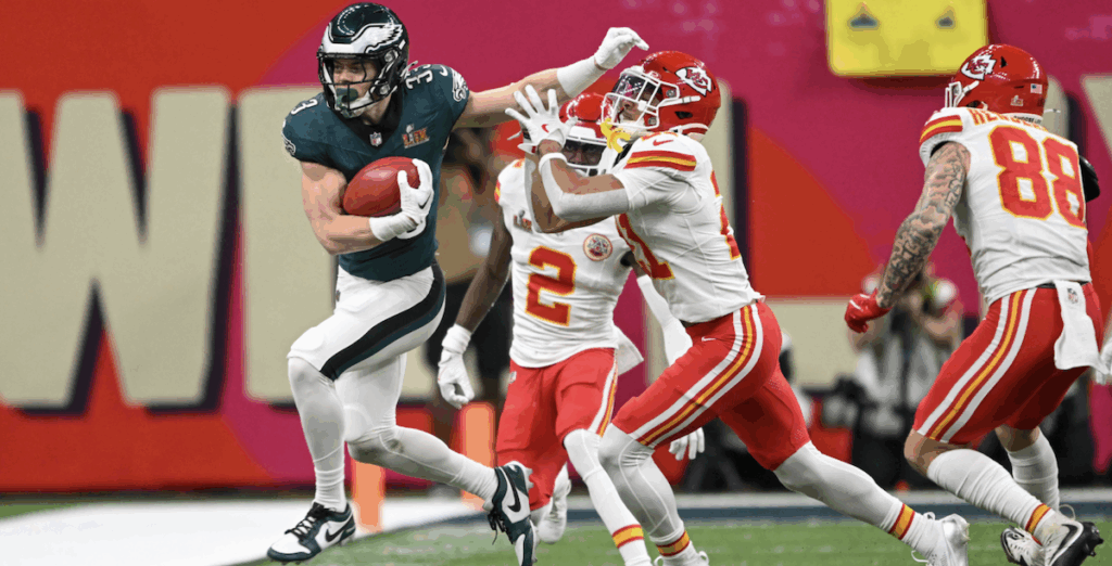 Defensive back Cooper DeJean pulls off a now-iconic pick six in Super Bowl LIX. Photo by Drew Hallowell for the Philadelphia Eagles.