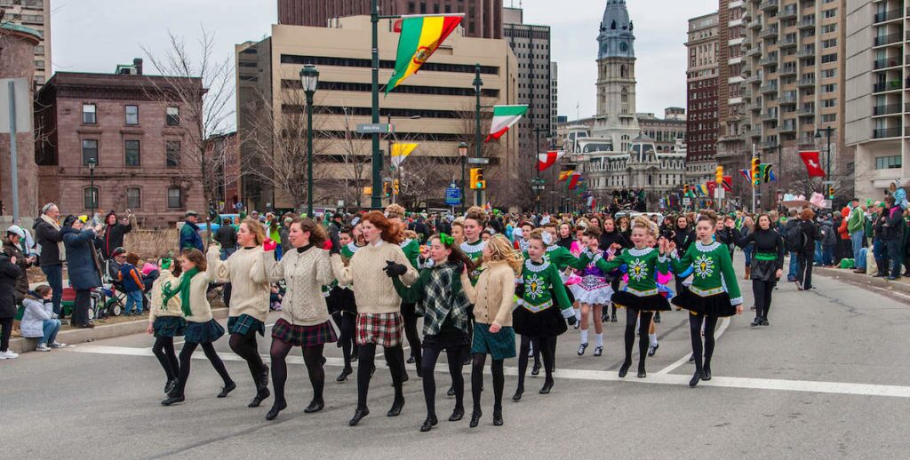 Irish dancers perform in the St. Patrick's Day Parade in Philadelphia.