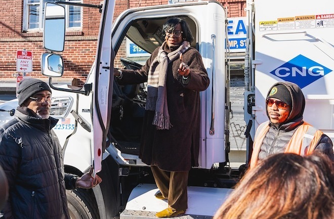Mayor Parker at the second-day-a-week trash collection pilot announcement. Photo by Chris Mansfield.