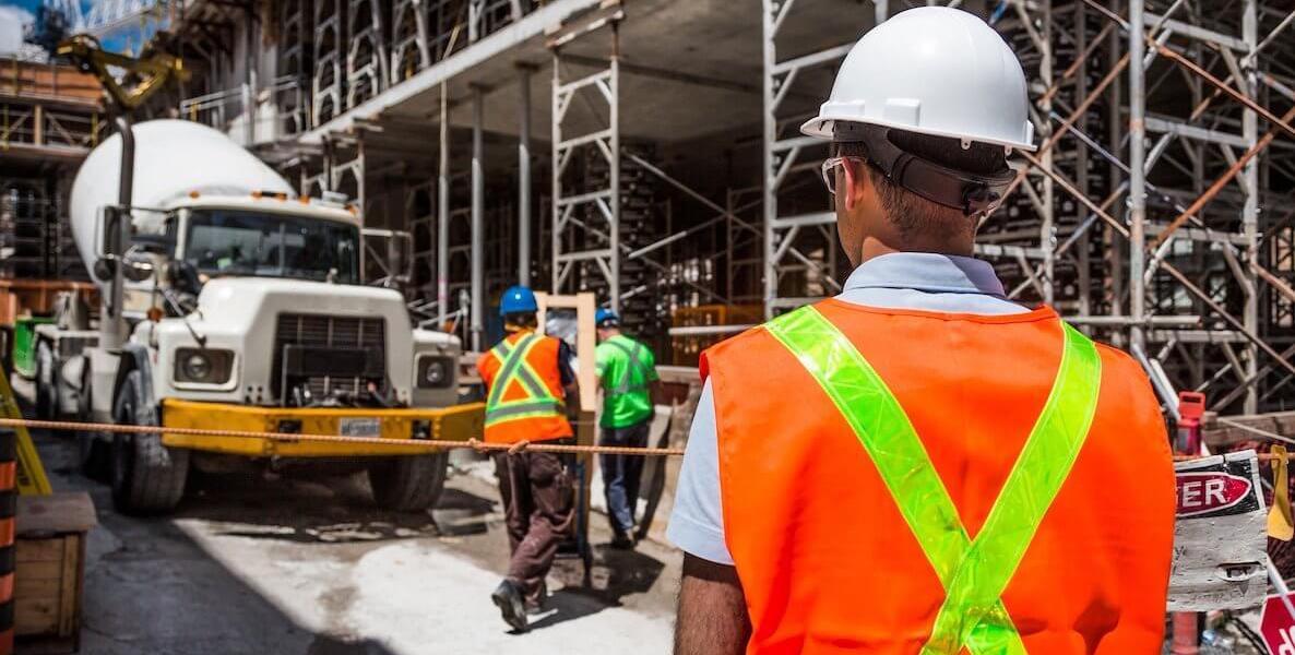 Construction workers work on a construction site in Philadelphia
