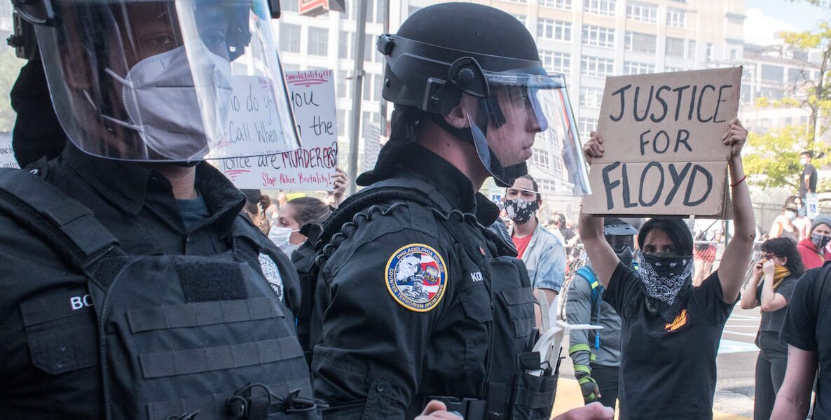 Philadelphia police officers wearing riot gear during the protests that erupted in the city following the police killing of George Floyd