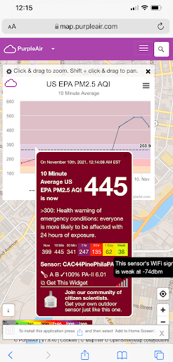 Purple Air snapshot from November 10 tire fire Philadelphia