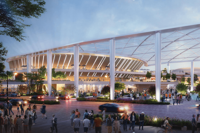 A computer rendering of an outdoor scene with a futuristic feel. In the distance is a round arena, an indoor concert venue.