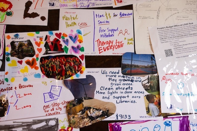 Collages and postcards created by citizen participants in The People's Budget project. Photo by Steve Weinik for Mural Arts Philadelphia.