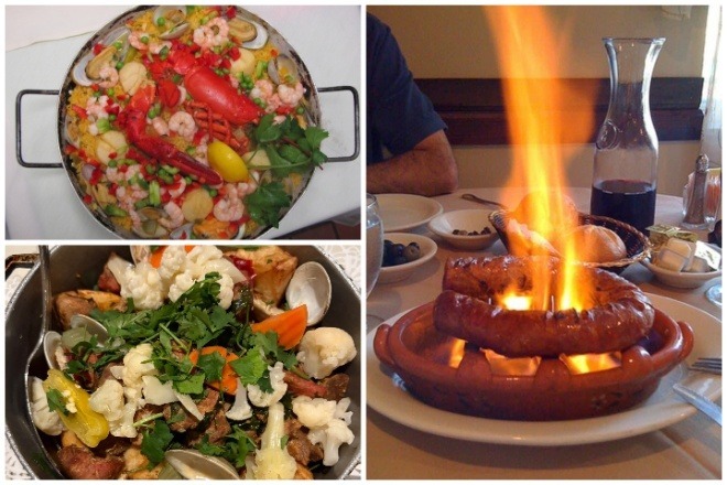 Some specialties of Tio Pepe, clockwise from top left: Paella, flaming chouriço and carne de porco a Alentejana.