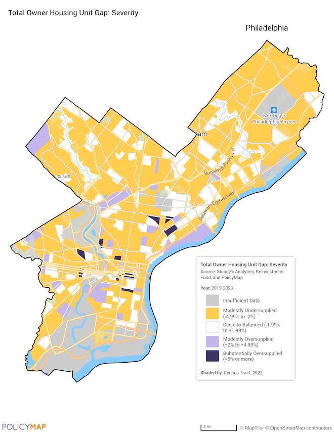 A mostly yellow map of the city of Philadelphia displays total owner housing unit gap map, based on severity, indicating a preponderance of "moderately undersupplied housing"