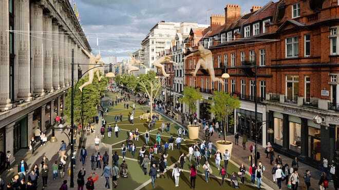 A rendering of pedestrianized Oxford Street in London depicts people walking along a converted high street bordered by shops and buildings.