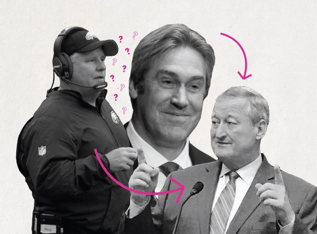 Eagles coaches Chip Kelly, Doug Pederson and Philadelphia Mayor Jim Kenney