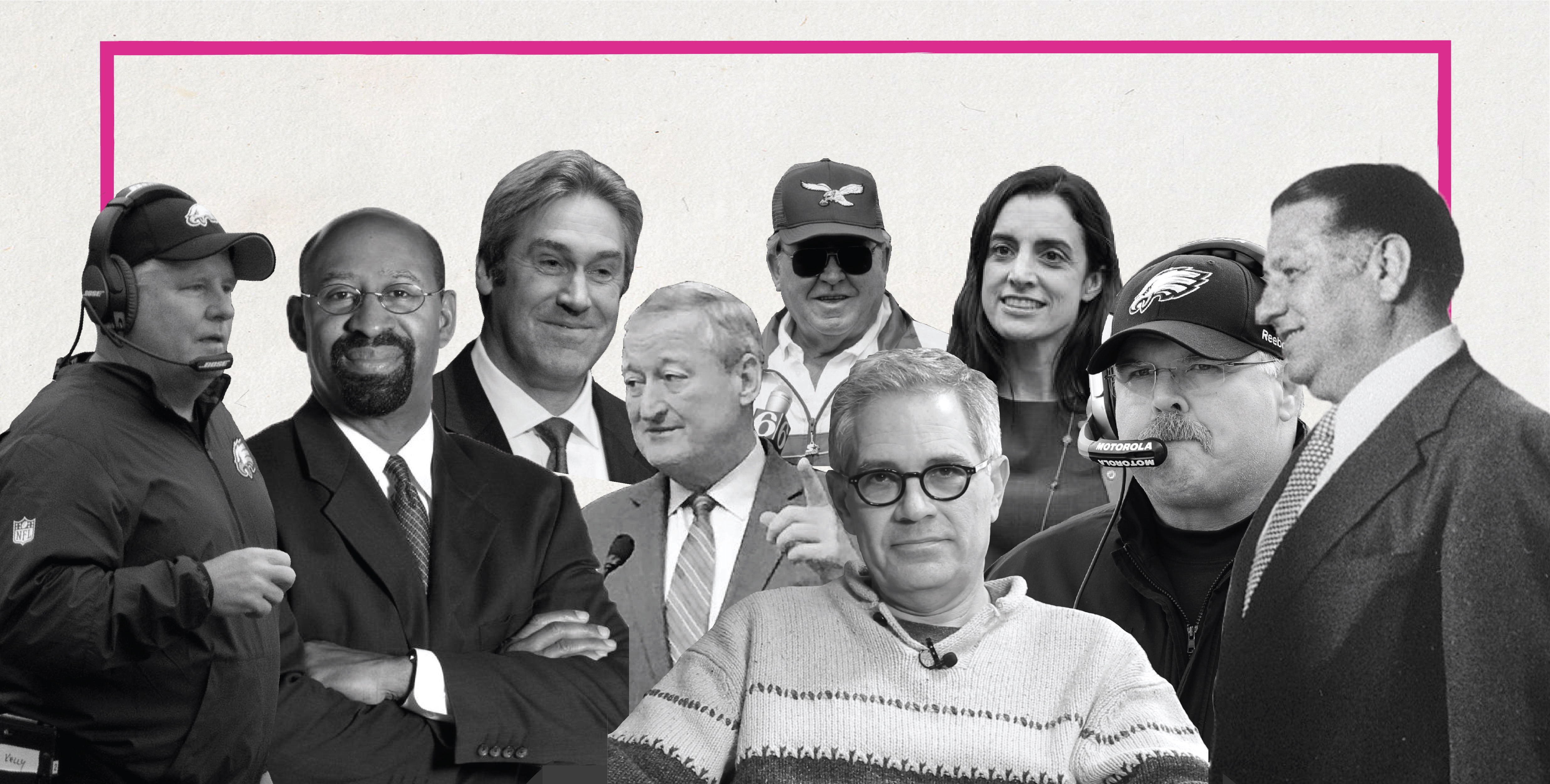 A gaggle of Philadelphia Eagles coaches and Philly politicians like Chip Kelly, Doug Pederson, Jim Kenney and Michale Nutter fill the screen.