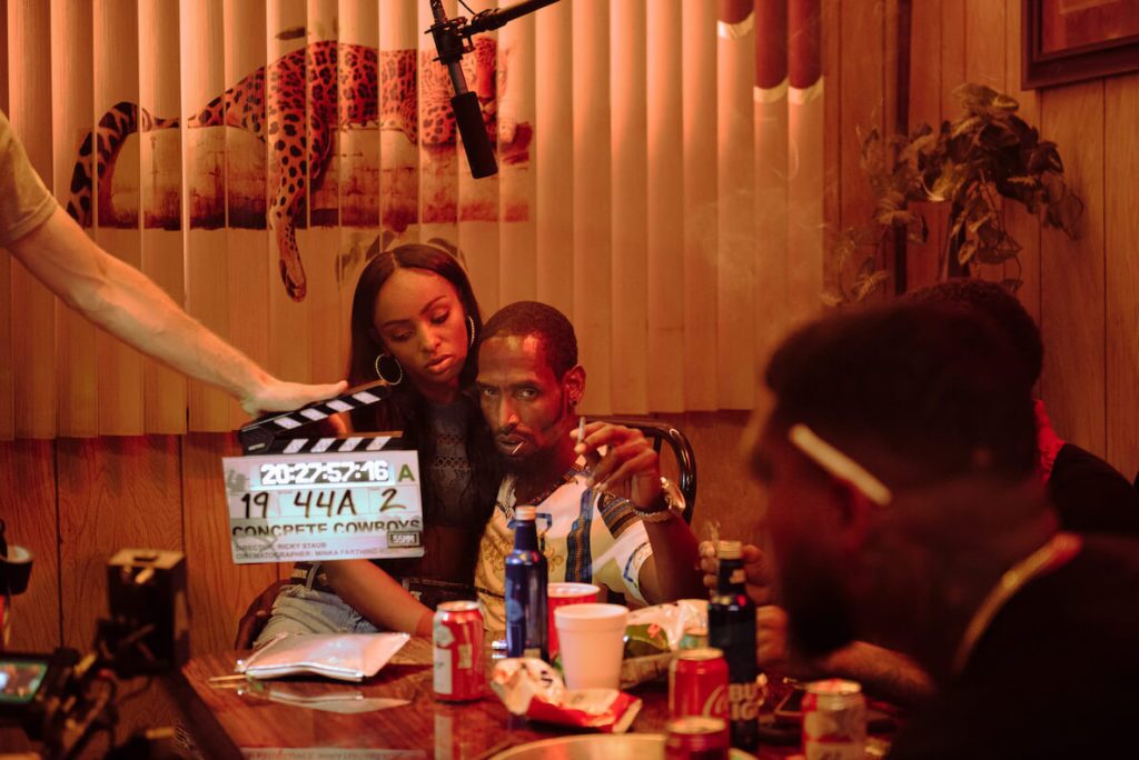 OG Law and a co-star on the set of Concrete Cowboy in Philadelphia