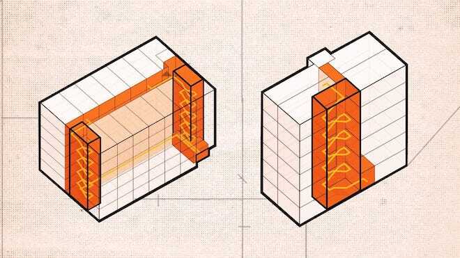 A graphic from Pew shows how single-stair construction alters the design of buildings and favors larger apartments.