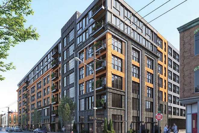 A modern apartment building rendering.