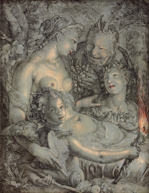 An ink and oil on canvas depicts a topless woman, man with horns on his head, child and another woman entitled Sine Cerere et Libero friget Venus (Without Ceres and Bacchus, Venus Would Freeze) c. 1600-1603 Hendrick Goltzius (Dutch (active Haarlem), 1558–1617)