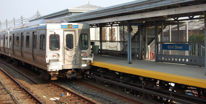 The El or Market-Frankford Line train in Philadelphia, stopped at 63rd Street station