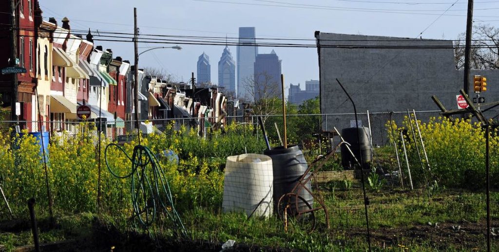 "This is a view of Philadelphia from the Glenwood Green Acres, a public garden located at 18th Street and Glenwood Avenue in Philadelphia's Susquehanna neighborbood. "