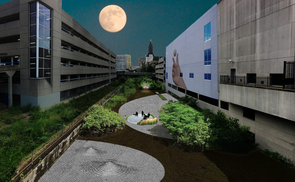 An illustration shows the Moon Platform installation at the Rail Park in Philadelphia