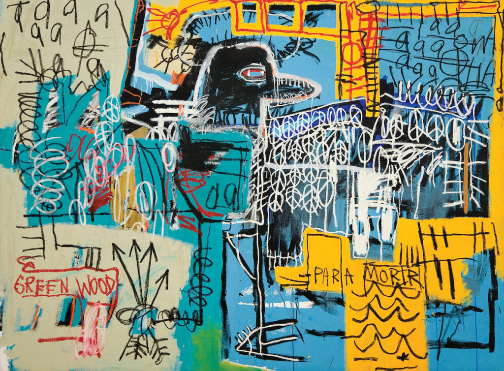 Jean-Michel Basquiat's Bird on Money shows a bird amongst an abstract painting of blue and yellow paint.