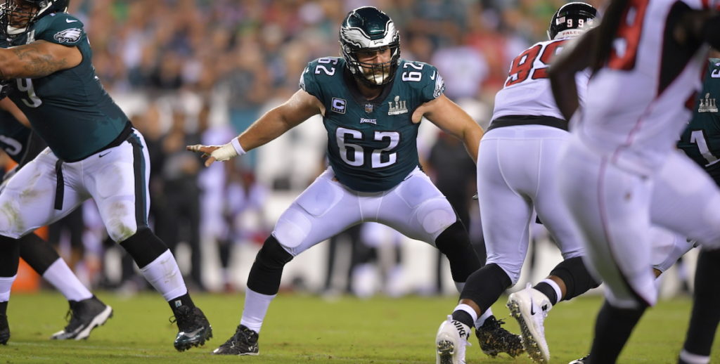 Philadelphia Eagles offensive lineman Jason Kelce is on the field in his helmet and No. 62 jersey, ready to rumble!